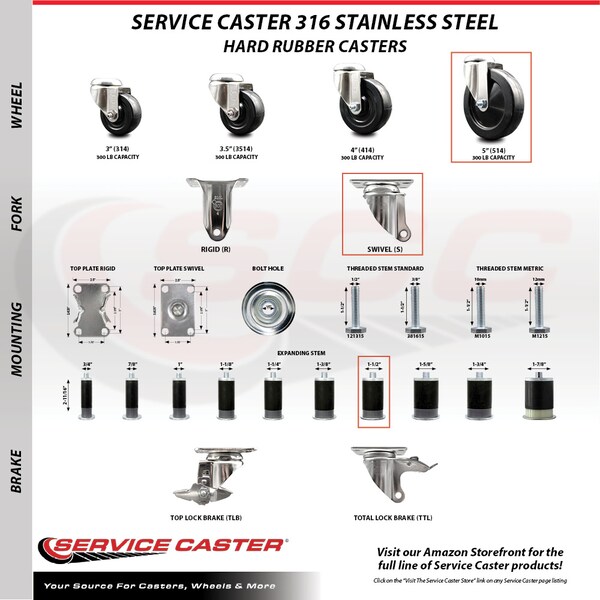 Service Caster 5 Inch 316SS Hard Rubber Wheel Swivel 1-1/2 Inch Expanding Stem Caster Set SCC SCC-SS316EX20S514-HRS-112-4 - main